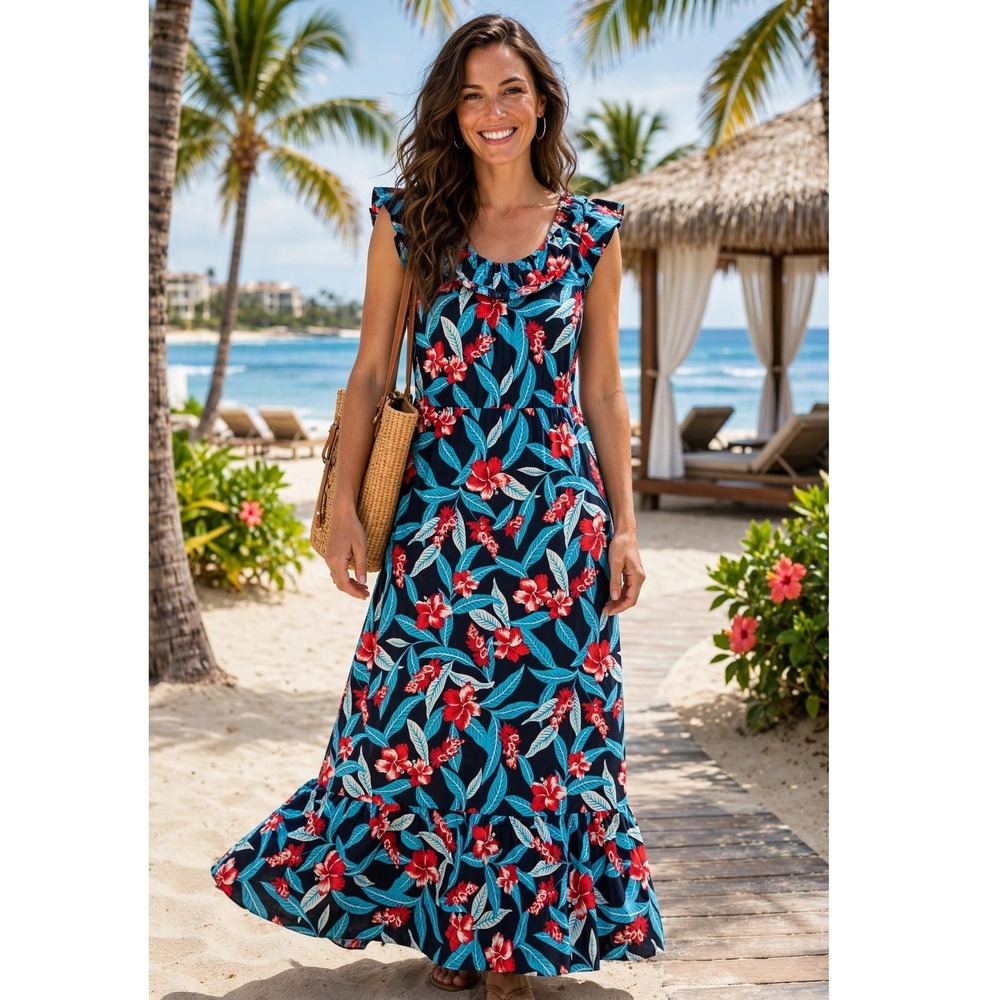 Vtg Hawaiian MuuMuu Dress Womens Large Hibiscus Floral Sleeveless Ruffle USA